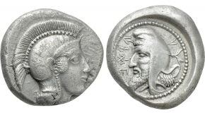 DYNASTS OF LYCIA. Kherẽi (Circa 430-410 BC). Stater. Xanthos. Obv: Helmeted head of Athena right.
Rev: Head of Kherẽi left, wearing kyrbasia; retrograde legend around; all within incuse circle. Cf. Müseler VI,39-40 (types reversed, incuse square). Rare Condition: Good very fine. Weight: 8.52 g.
Diameter: 18 mm.