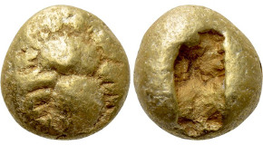 IONIA. Ephesos. Phanes (Circa 625-600 BC). EL Hemihekte. Obv: Forepart of stag right, head left. Rev: Incuse square punch with irregular cross-hatching. Weidauer 36-7; Head p. 15, 5 = Traité pl. II, 20; Boston MFA 1816 = Warren 1731; CNG E-362, lot 137 (which realized a hammer of $1,800). Condition: Very fine. Weight: 1.2 g. Diameter: 7 mm.
