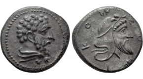 CILICIA. Mallos. Stater (Circa 385-375 BC). Obv: Athena seated left, holding spear and resting elbow upon shield at side; olive tree to right.
Rev: ΜΑΛ.
Hermes standing facing, holding kerykeion; to right, Aphrodite left, leaning upon column to right and placing hand upon Hermes. SNG BN 403-4; SNG Levante 155. Condition: Near extremely fine. Weight: 10.57 g.
Diameter: 22 mm.