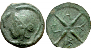 KINGS OF MACEDON. Alexander III 'the Great' (336-323 BC). GOLD Stater. Miletos. Obv: Helmeted head of Athena right.
Rev: AΛΕΞΑΝΔΡΟΥ.
Nike standing left, holding wreath and stylis. Controls: Monogram in left field, labrys below right wing. Price 2114; HGC 3.1, 934h (Alexander IV). Condition: Good very fine. Weight: 8.56 g.
Diameter: 18 mm.