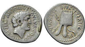 MARK ANTONY. Denarius (37 BC). Antioch or military mint traveling with Canidius Crassus in Armenia. Obv: ANTONIVS AVGVR COS DES ITER ET TERT.
Bare head right.
Rev: IMP TERTIO III VIR R P C.
Armenian tiara right; all over crossed bow and arrow. Crawford 539/1; CRI 297. Condition: Fine; attractive toning. Weight: 3.48 g.
Diameter: 21 mm.