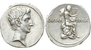 SEXTUS POMPEIUS MAGNUS PIUS. Denarius (37/6 BC). Uncertain Sicilian mint. Obv: MAG PIVS IMP ITER. Bare head right; jug to left, lituus to right. Rev: PRAEF / CLAS ET ORAE / MARIT EX S C. Neptune standing left, foot set on prow, holding aplustre; Catanean brothers to left and right, each bearing one of their parents on their shoulders. Crawford 511/3a; CRI 334. Highly expressive and impressive portrait. Condition: Good very fine. Weight: 3.9 g. Diameter: 18 mm.