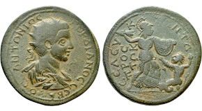 THEODOSIUS II (402-450). GOLD Solidus. Constantinople. Obv: D N THEODOSIVS P F AVG. Helmeted and cuirassed bust facing slightly right, holding spear and shield decorated with horseman motif. Rev: SALVS REIPVBLICAE H / CONOB.
Two emperors seated facing on double throne, each holding mappa and cruciform sceptre; star above. RIC 237; Depeyrot 79/1. Condition: Choice extremely fine. Weight: 4.35 g. Diameter: 20 mm.