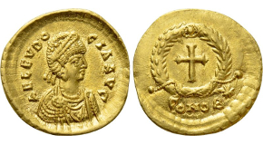 ZENO (Second reign, 476-491). GOLD Solidus. Constantinople. Obv: D N ZENO PERP AVG.
Helmeted and cuirassed bust facing slightly right, holding spear and shield decorated with horseman motif; diadem without jewel. Rev: VICTORIA AVGGT Δ / CONOB. Victory standing left, holding jeweled cross; star to right. RIC 911 & 930 var. (rev. legend); Depeyrot 108/1 var. (same). The final G in the reverse legend appears to have been engraved as a T. Condition: Near Mint State, lustrous. Weight: 4.5 g. Diameter: 21 mm.