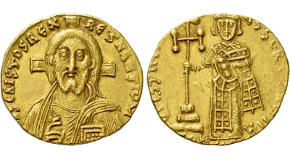 JUSTINIAN II (First reign, 685-695). GOLD Solidus. Constantinople. Obv: IҺS CRISTOS RЄX RЄGNANTIUM.
Facing bust of Christ Pantokrator.
Rev: D IЧSTINIANЧS SЄRЧ CҺRIST H / CONOB.
Justinian standing facing, holding akakia and cross potent set upon three steps. Sear 1248. Condition: Good very fine. Weight: 4.45 g.
Diameter: 19 mm.