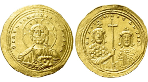 BASIL II BULGAROKTONOS with CONSTANTINE VIII (976-1025). GOLD Histamenon Nomisma. Constantinople. Obv: + IҺS XIS RЄX RЄGNANTIЧM.
Facing bust of Christ Pantokrator.
Rev: + ЬASIL C COҺSTAҺTI Ь R.
Crowned facing busts of Basil and Constantine, holding between them a long cross. Sear 1800; Fueg 6.B. Condition: Near extremely fine. Weight: 4.42 g.
Diameter: 25 mm.