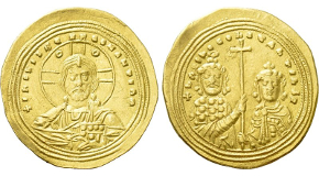 BASIL II BULGAROKTONOS with CONSTANTINE VIII (976-1025). GOLD Histamenon Nomisma. Constantinople. Obv: + IҺS XIS RЄX RЄGNANTIЧM.
Facing bust of Christ Pantokrator.
Rev: + ЬASIL C COҺSTAҺTIҺ Ь R.
Crowned facing busts of Basil and Constantine, holding between them a long cross. Sear 1800; Fueg 6.E. Condition: Very fine. Weight: 4.38 g.
Diameter: 26 mm.