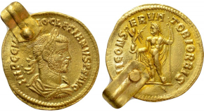 BASIL I THE MACEDONIAN with CONSTANTINE (867-886). GOLD Solidus. Constantinople. Obv: + IҺS XPS RЄX RЄGNANTIЧM ✷.
Christ Pantokrator seated facing on throne.
Rev: ЬASILIOS ЄT COҺSTAҺT AЧGG Ь.
Crowned facing busts of Basil and Constantine, holding between them a patriarchal cross. Sear 1704. Condition: Good very fine. Weight: 4.47 g.
Diameter: 20 mm.