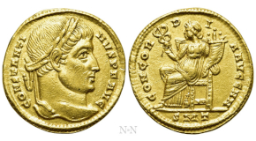 ZENO (Second reign, 476-491). GOLD Solidus. Constantinople. Obv: D N ZENO PERP AVG.
Helmeted and cuirassed bust facing slightly right, holding spear and shield decorated with horseman motif; diadem without jewel.
Rev: VICTORIA AVGGG I / CONOB.
Victory standing left, holding jeweled cross; star to right. RIC 911 & 930; Depeyrot 108/1. Condition: Mint State. Weight: 4.49 g.
Diameter: 20 mm.