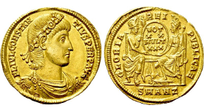BASILISCUS (475-476). GOLD Solidus. Constantinople. Obv: D N ЬASILISCUS P P AVG.
Helmeted and cuirassed bust facing slightly right, holding spear and shield decorated with horseman motif.
Rev: VICTORIA AVGGG Є / CONOB.
Victory standing left, holding long jeweled cross; star to right. RIC 1003. Condition: Near Mint State Weight: 4.50 g.
Diameter: 21 mm.