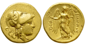 KINGS OF MACEDON. Alexander III 'the Great' (336-323 BC). Dekadrachm. Babylon. Lifetime issue. Obv: Head of Herakles right, wearing lion skin. Rev: AΛΕΞΑΝΔΡΟΥ. Zeus seated left on throne, holding eagle and sceptre. Controls: Two monograms below throne. Price 3618A; HGC 3.1, 909. Extremely rare Condition: Fine, porous. Weight: 36.39 g.
Diameter: 35 mm.