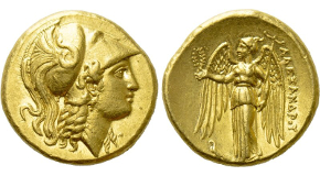 KINGS OF MACEDON. Alexander III 'the Great' (336-323 BC). GOLD Stater. Uncertain mint in western Asia Minor. Obv: Helmeted head of Athena right.
Rev: AΛΕΞΑΝΔΡΟΥ.
Nike standing left, holding wreath and stylis. Control: To left, eagle standing left. Price 3125. Condition: Extremely fine. Weight: 8.56 g.
Diameter: 19 mm.